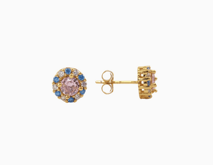 jack and jill of America inspired pink and blue crystal earrings featuring a halo design made with 18 karat gold plated sterling silver