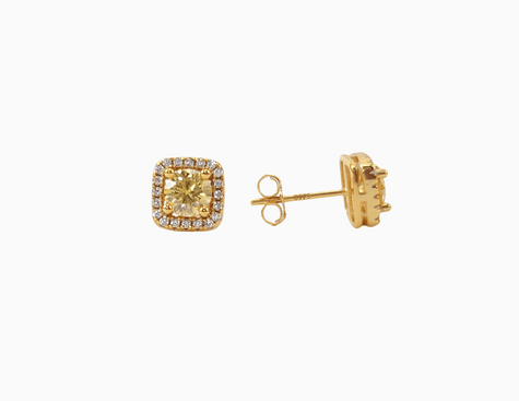 square shaped golden yellow colored moissanite stud earrings