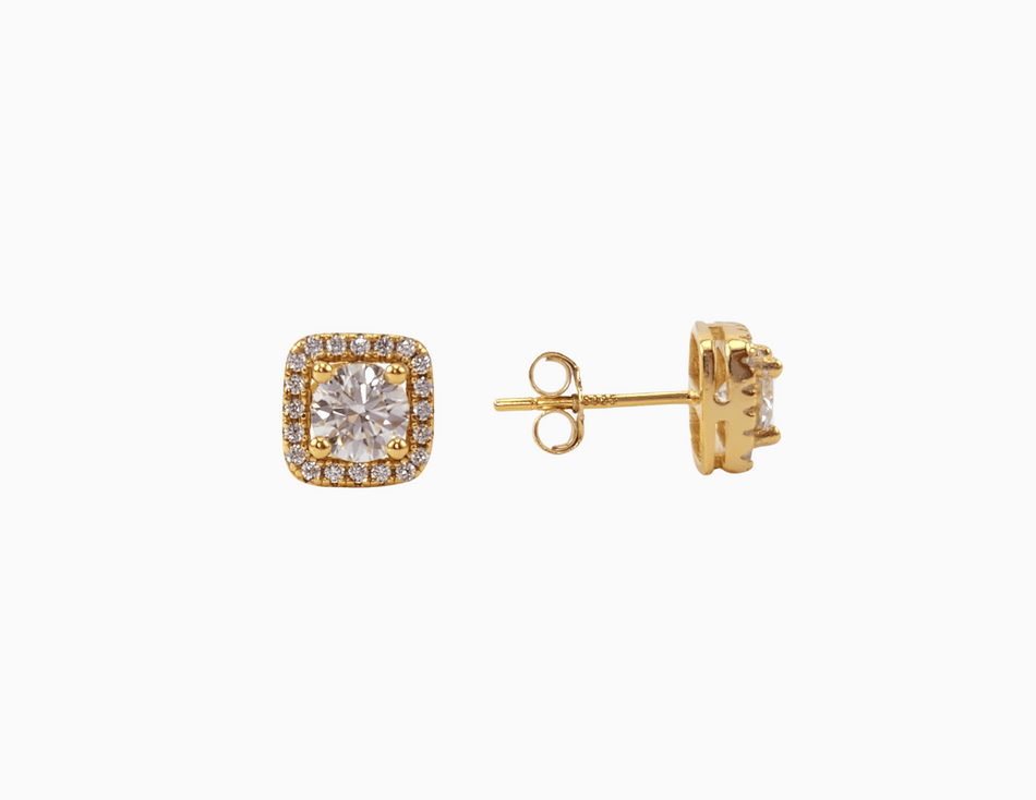 square shaped moissanite stud earrings made with 18 karat gold plated stainless steel