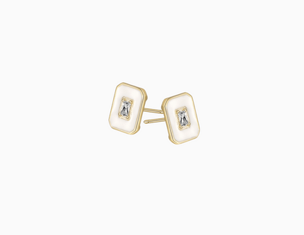 stunning pair of white shell accent stud earrings made with 14 karat gold plated sterling silver featuring a center crystal stone