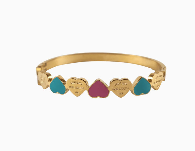 jack and jill of America inspired Pink and Blue Heart hinge bangle bracelet featuring the saying long live jack and jill