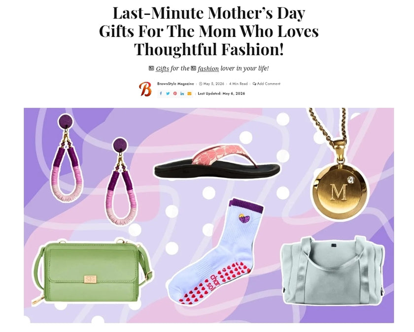 A promotional collage for Mother's Day gifts featuring fashion accessories: pink and purple gradient earrings, a black flip-flop with pink straps, a gold pendant necklace with an 'M' initial, a light green handbag, a light blue slip-on sock with red polka dots, and a light sage green tote bag, set against a purple and pink wavy patterned background with headline text at the top.