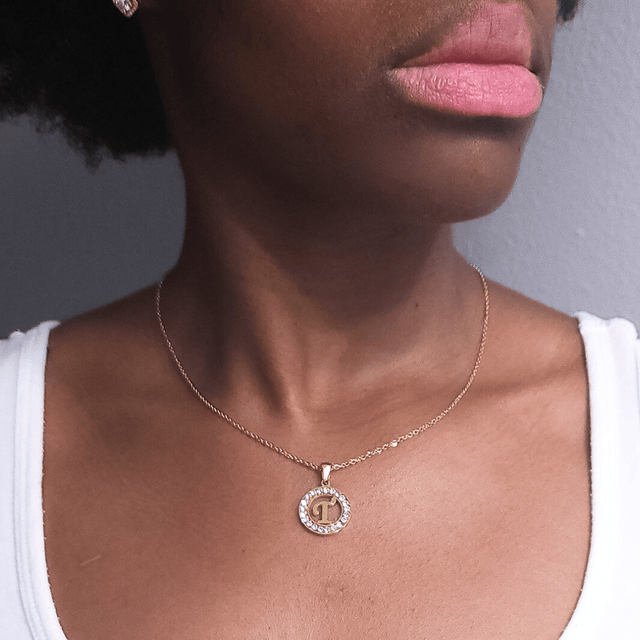 Personalized Initial Pave Hollow Round Necklace