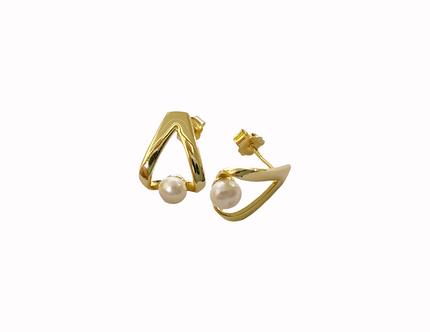 open design earrings made with 14 karat gold and real freshwater pearls