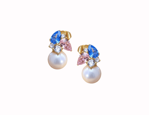 elegant real white freshwater pearl earrings featuring pink and blue stones for jack and jill of america