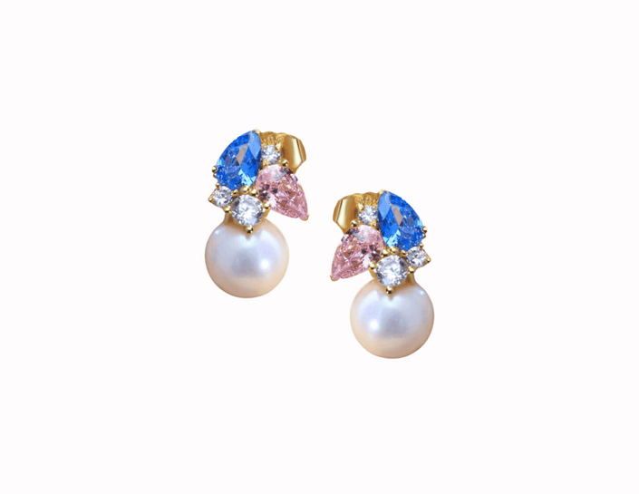 elegant real white freshwater pearl earrings featuring pink and blue stones for jack and jill of america