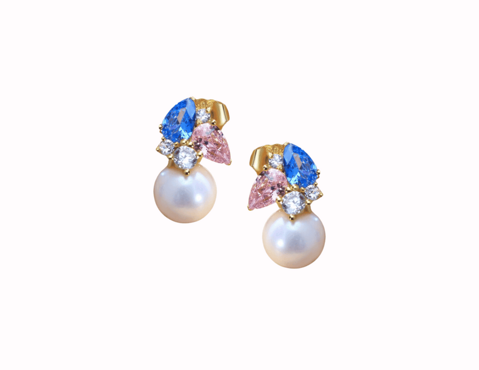 elegant real white freshwater pearl earrings featuring pink and blue stones for jack and jill of america