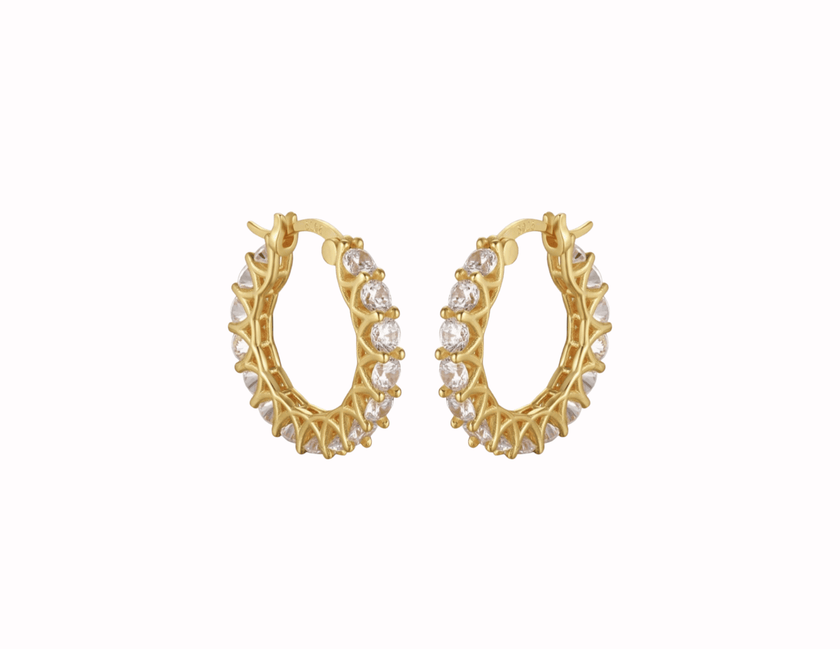 14 karat gold plated sterling silver hoop earrings with sparking crystals along the edges