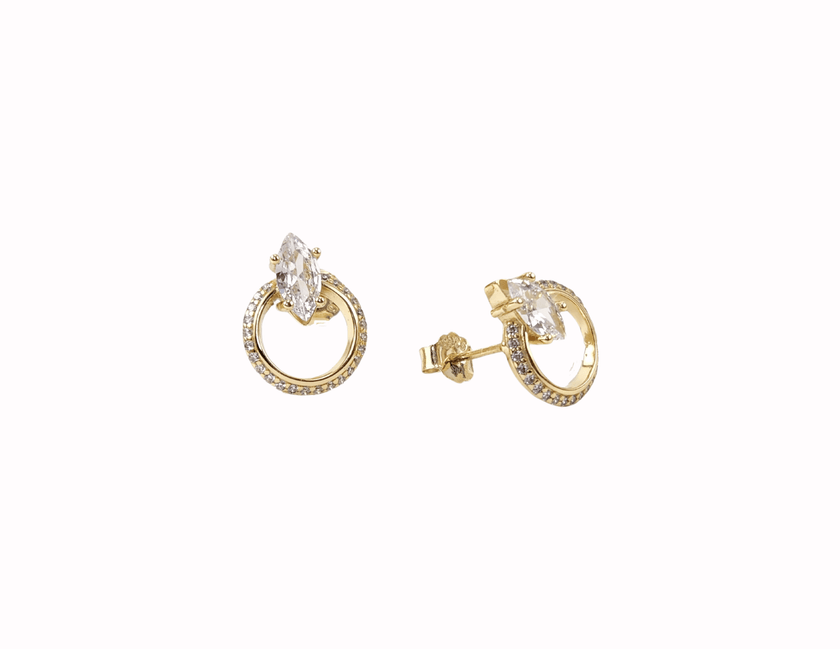 14 karat gold plated sterling silver stud earring featuring marquise stones and crystal halos