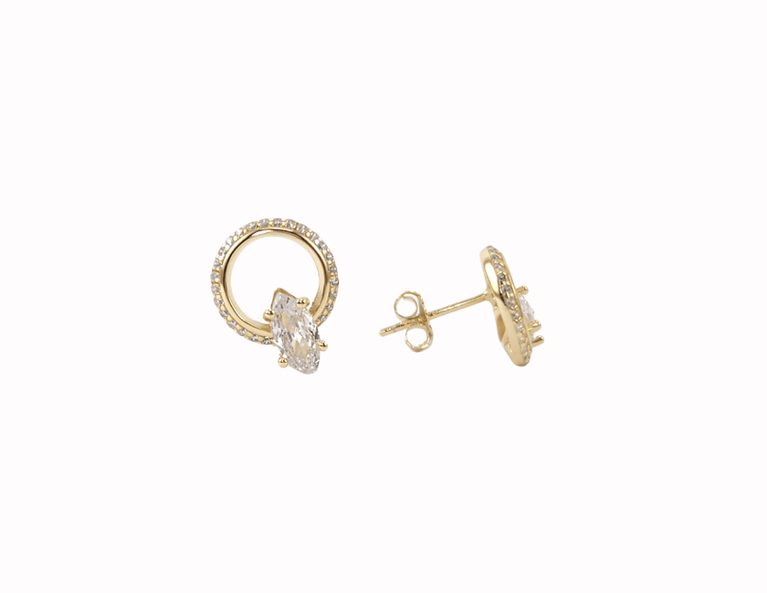 14 karat gold plated sterling silver stud earring featuring marquise stones and crystal halos