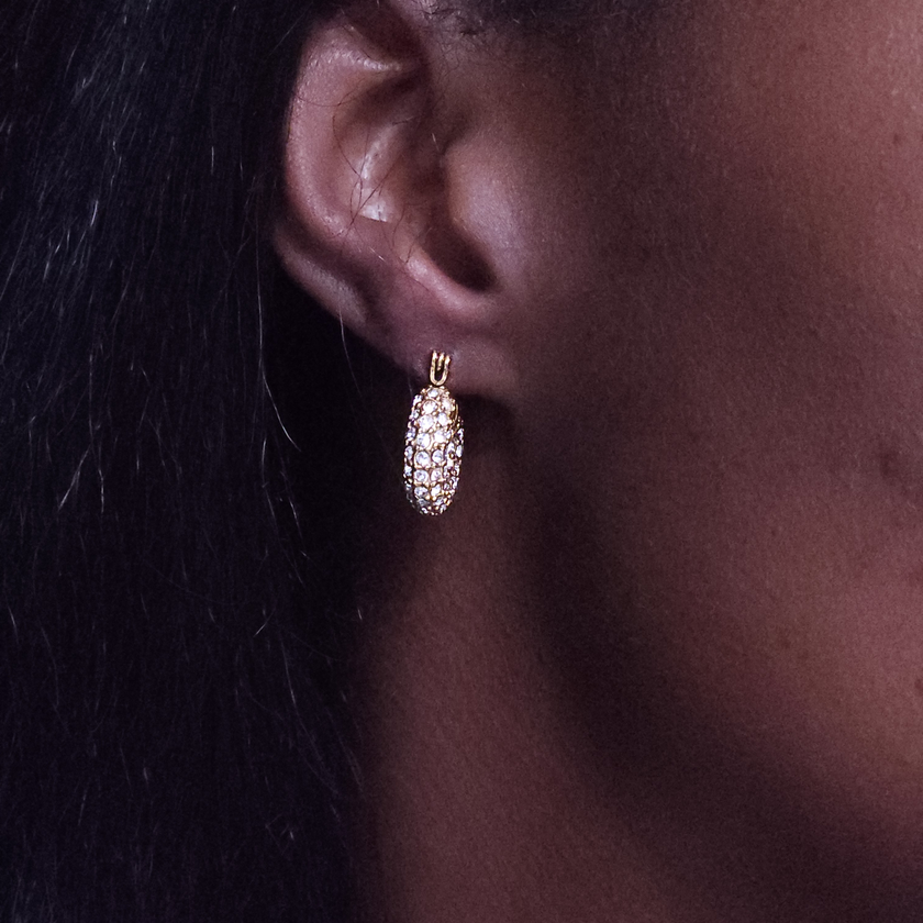 A close-up of a person's ear wearing a small gold hoop earring with a
 cluster of clear stones.