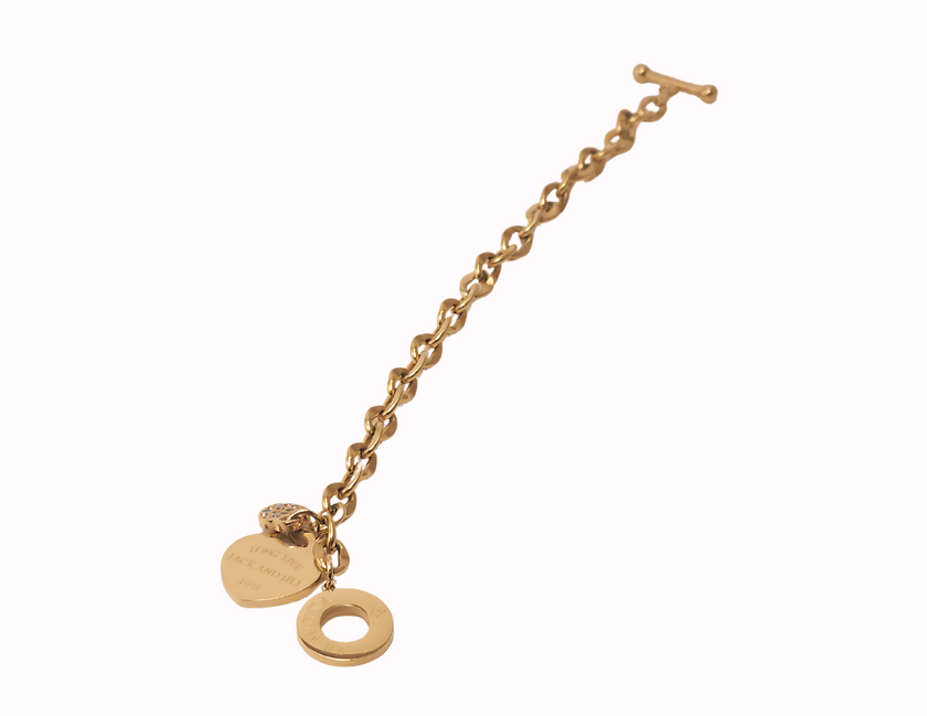 Jack and jill of America inspired toggle charm bracelet made of 18 karat gold plated stainless steel containing long live jack and jill quote
