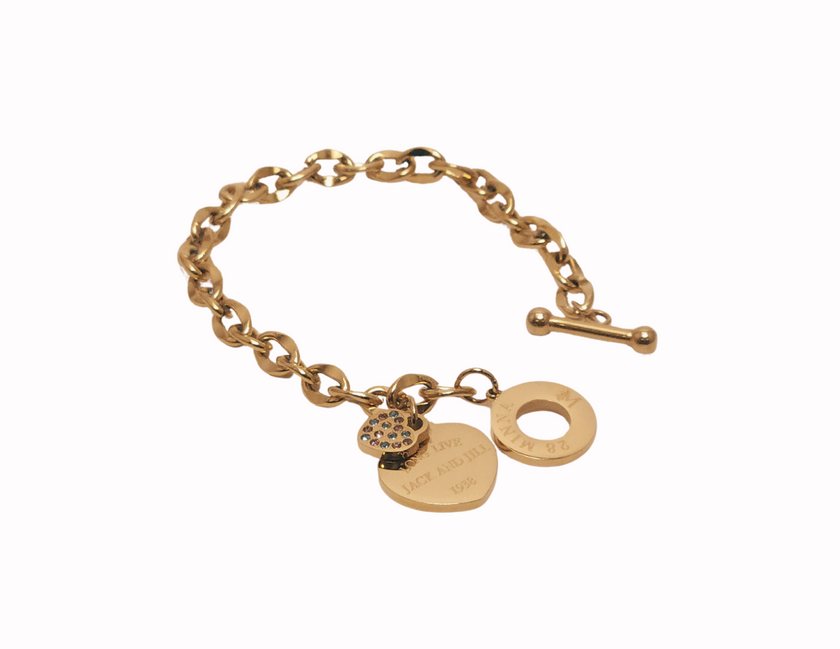 Jack and jill of America inspired toggle charm bracelet made of 18 karat gold plated stainless steel