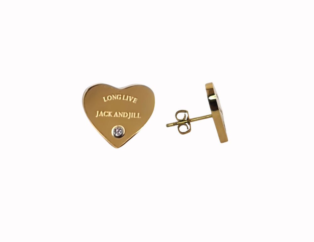 heart shaped stud earrings made with 18 karat gold plated stainless steel featuring the jack and jill of America quote long live jack and jill