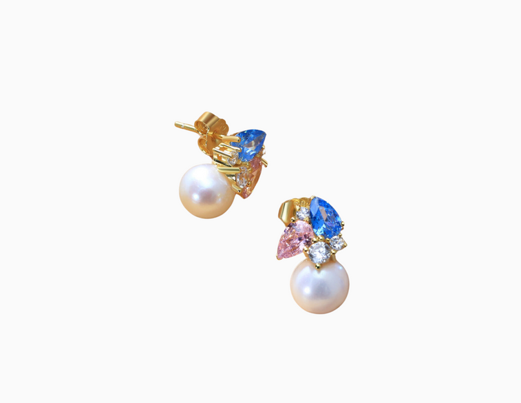 elegant real white freshwater pearl earrings featuring pink and blue stones for jack and jill of america