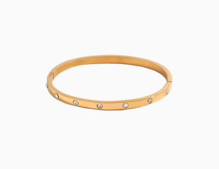crystal stone studded hinge bangle bracelet made with 18 karat gold plated stainless steel
