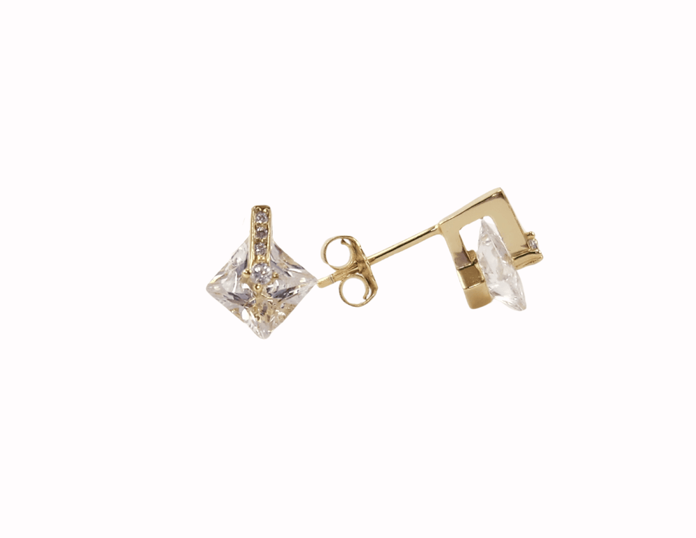 unique clear stone stud earrings made with 14 karat gold plated sterling silver