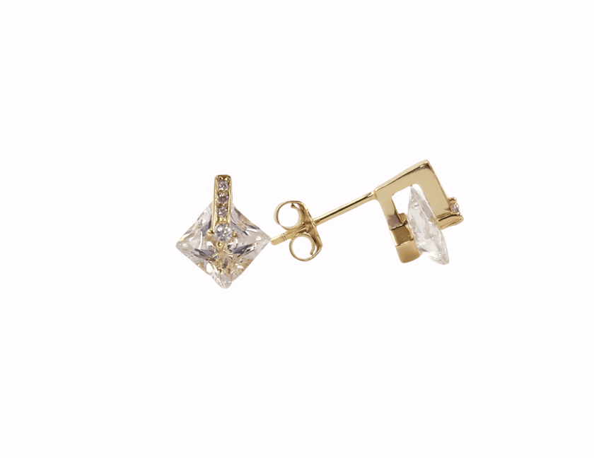 unique clear stone stud earrings made with 14 karat gold plated sterling silver