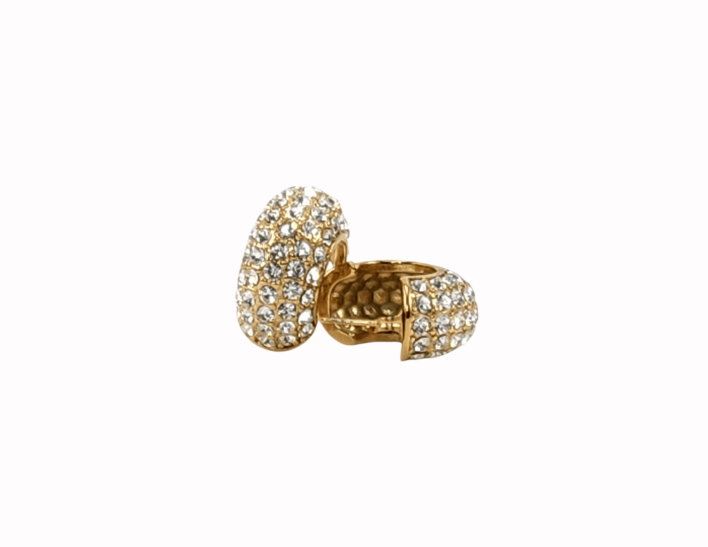 chunky statement semi hoop earrings covered in crystal stones made with 18 karat gold plated stainless steel