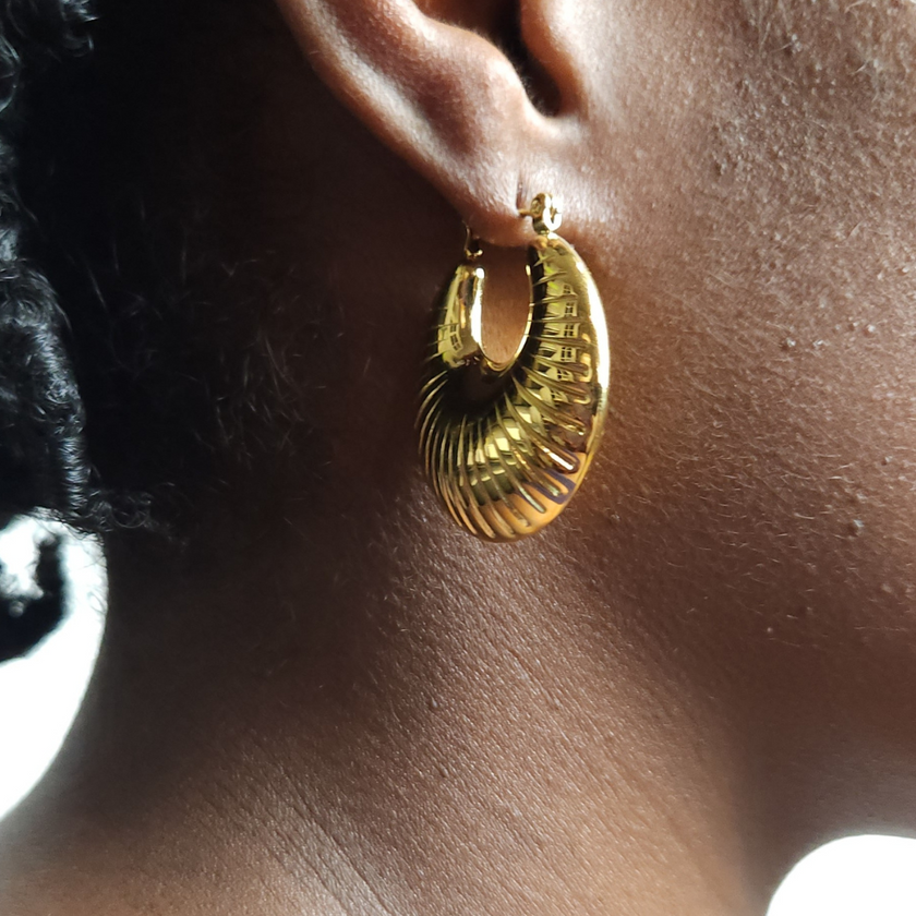 Close up of Twenty-Eight Minna Textured Chucky Hoops