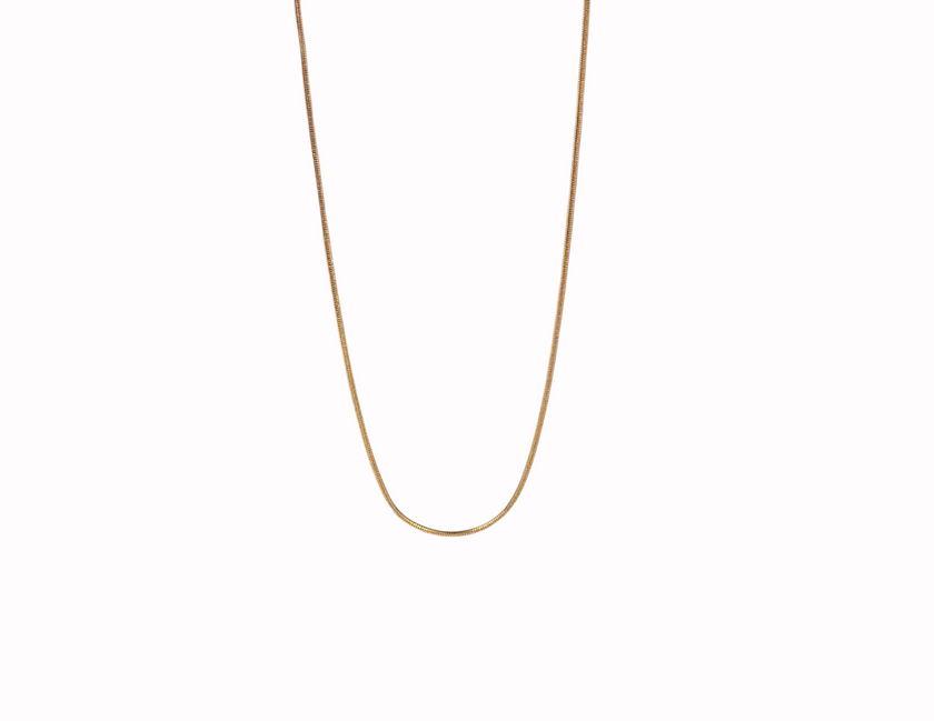 Thin minimalist snake chain necklace that is stainless steel and gold plated