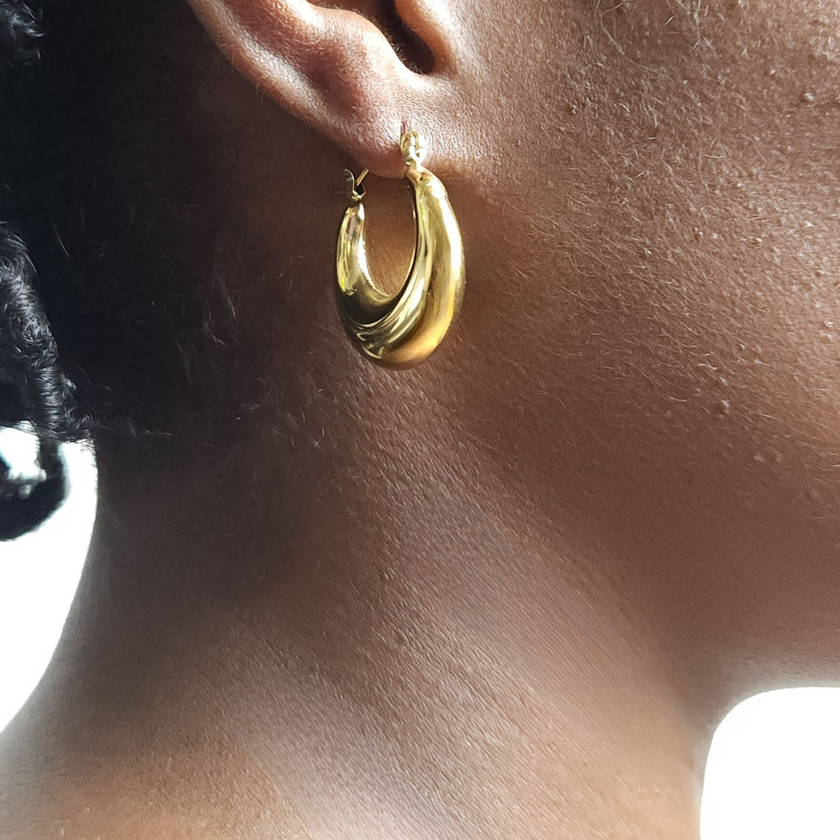 Close up of woman wearing Twenty-Eight Minna Classic Chunky Hoops